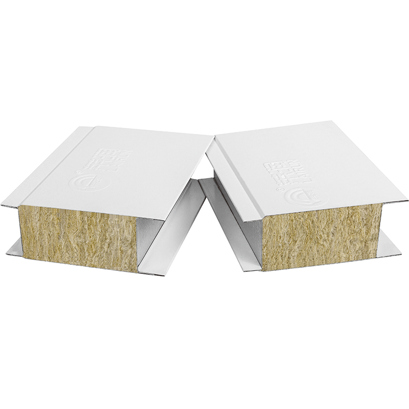 Machine-made rockwool panel picture: white coated panels with a continuous brown-yellow fibrous rockwool core visible at the edge.