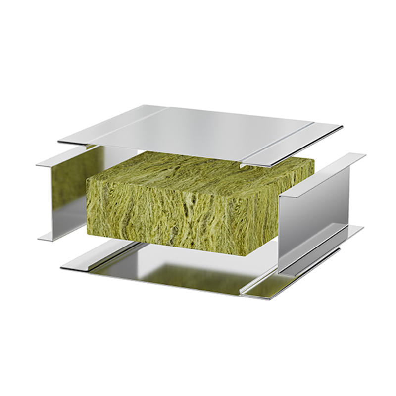 Panel structure exploded diagram (rockwool panel page picture): metal facing and fibrous rockwool core shown separated for structure explanation, not a finished panel photograph.